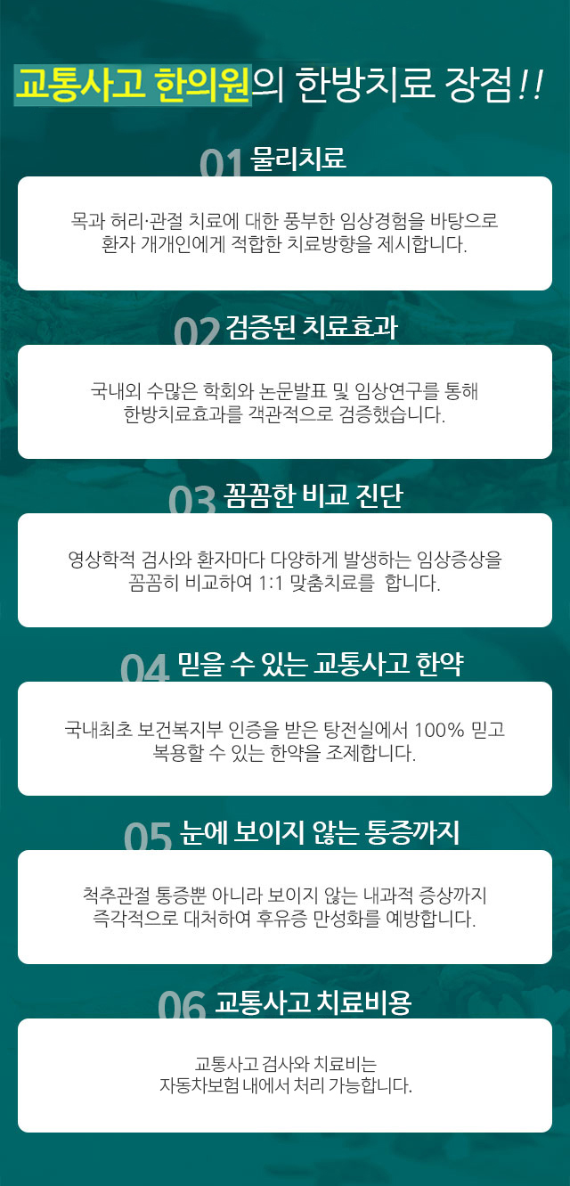 100% 규격화된 정품 한약재만을 사용해 한약을 조제하는가? 교통사고 한약은 우리 몸의 순환을 방해하여 각종 통증을 일으키는 어혈을 빠르게 제거하고, 손상된 근육과 인대의 기능을강화하는데 효과적입니다. 다만, 한약은 의료기관에 따라 약재 및 조제과정이 다를 수 있기 때문에 보건복지부로부터인증 받은 안전한 한약인지 확인이 필요합니다. 모커리 한약은 보건복지부 탕전실인증제(일반한약 부문)를 국내최초로 통과한 곳에서 조제되어 척추질환 환자뿐 아니라교통사고 환자도 믿고 복용할 수 있습니다. 개원 이후부터 규격화된 표준 정품 약재만을 사용해 한약을 조제한 결과,보건복지부가 제시한 총 81개의엄격한 항목을 모두 통과했습니다. 여기서 규격화된 표준 약재란 중금속·잔류농약 검사를비롯하여 품질검사, 원산지 검사 등을 100% 마친 제대로 된 약재를 의미합니다. 이처럼 모커리 한약은 정부로부터인증 받았기 때문에 교통사고 치료에도 안전성이 철저하게 검증된 한약을 믿고 복용하실 수 있습니다.