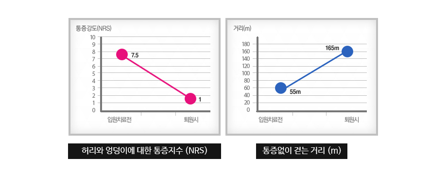 다리와 엉덩이에 대한 통증지수 (NRS) / 통증없이 걷는 거리 (m)