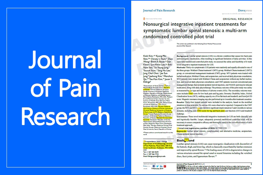 의학학술지(Journal of Pain Research)에 게재된 논문 표지